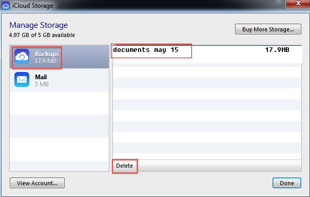 delete icloud backup windows