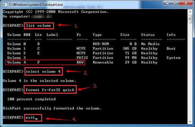 Change raw to fat32 with CMD