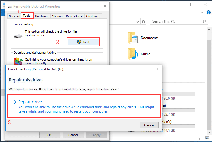 Repair no media USB by error checking