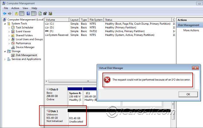 Disk 1 unknown not initialized io device error