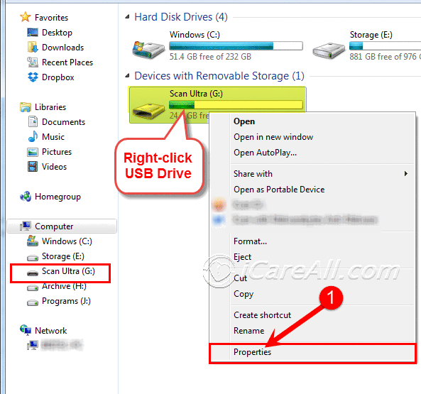 Right-click USB drive properties