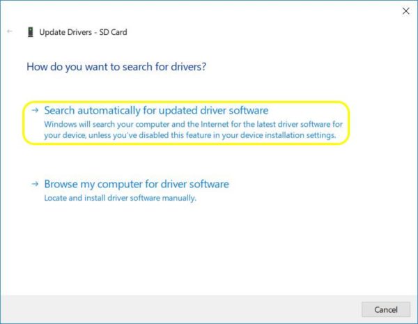 sd card driver update windows 10