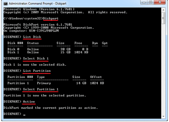 cmd to set active partition